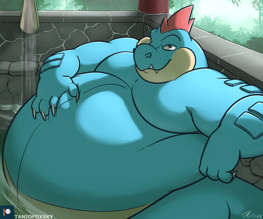 2023 anthro belly big_belly blue_body blue_skin claws feraligatr generation_2_pokemon hand_on_stomach hot_spring leaf looking_at_viewer male morbidly_obese morbidly_obese_anthro morbidly_obese_male nintendo obese obese_anthro obese_male overweight overweight_anthro overweight_male plant pokemon pokemon_(species) relaxing scales sitting solo tanio tree water