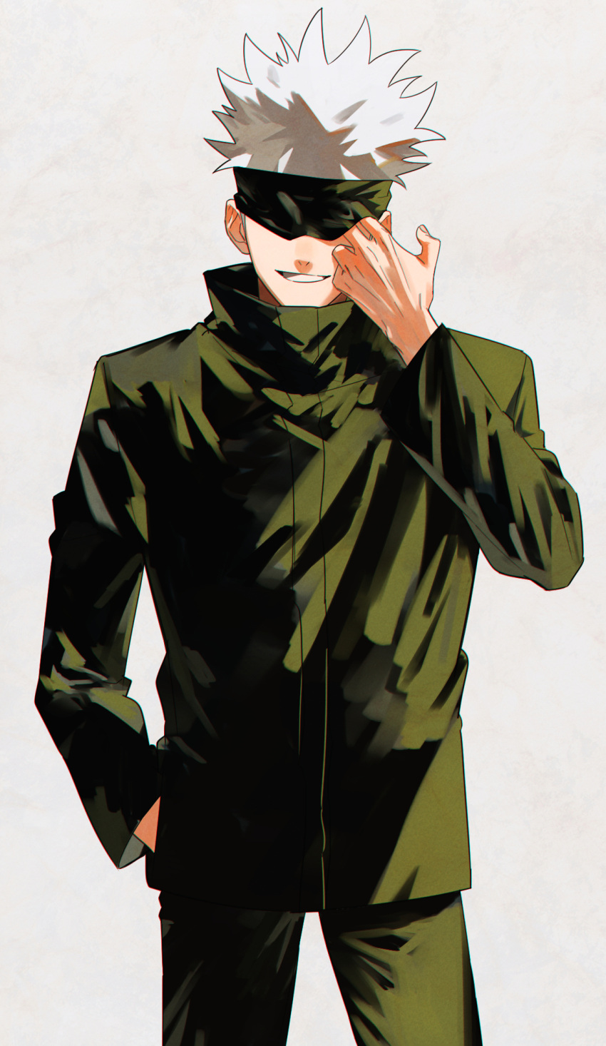 1boy blindfold facing_viewer finger_under_clothes gojou_satoru green_jacket green_pants grey_background grin hand_in_pocket highres jacket jujutsu_kaisen male_focus mirin_(coene65) pants short_hair simple_background smile solo white_hair