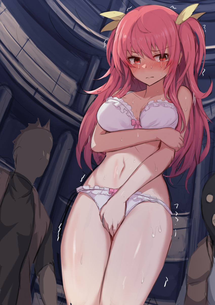 ... 1girl 2boys arm_under_breasts balaclava black_mask blush bow bow_bra bow_panties bra breasts closed_mouth covering covering_crotch crying crying_with_eyes_open defeat gtgt_nishiteyaru hair_between_eyes hair_ribbon highres imminent_rape indoors large_breasts long_hair looking_to_the_side multiple_boys navel panties pink_hair rakudai_kishi_no_cavalry red_eyes ribbon stella_vermillion sweat tears twintails underwear white_bra white_panties yellow_ribbon