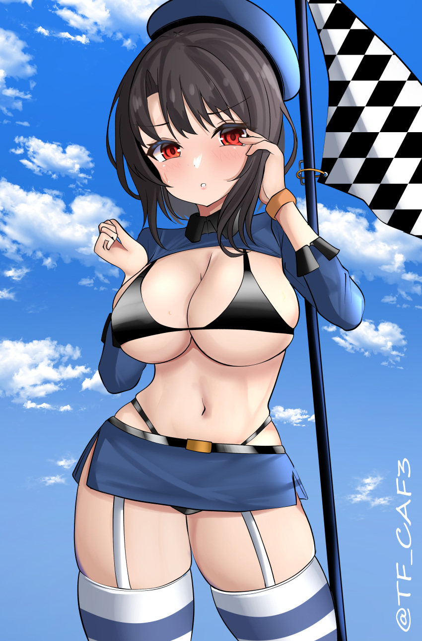 1girl absurdres alternate_costume bikini black_bikini black_hair blue_headwear blue_sky blush breasts checkered_flag cleavage cloud cloudy_sky commentary_request flag garter_straps highres kantai_collection large_breasts long_sleeves medium_hair microskirt navel outdoors parted_lips race_queen red_eyes skirt sky solo striped striped_thighhighs swimsuit takao_(kancolle) tf_cafe thighhighs twitter_username