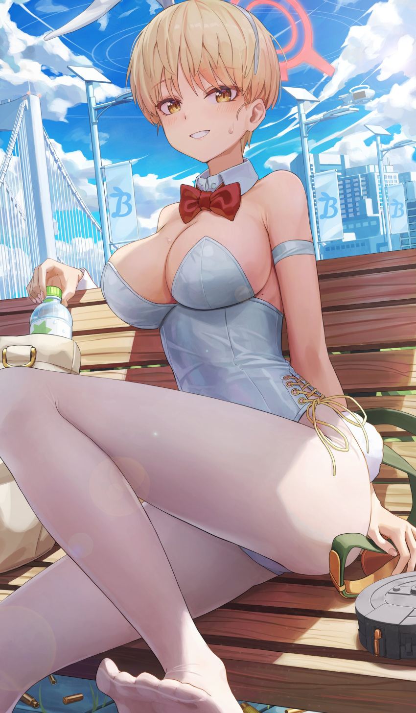 1girl absurdres bench blonde_hair blue_archive blush breasts building cleavage cloud cloudy_sky day detached_collar fake_tail halo hamstarhand highres large_breasts looking_at_viewer marina_(blue_archive) mole outdoors pantyhose rabbit_tail red_halo revision short_hair sitting sitting_on_bench sky solo tail white_pantyhose wrist_cuffs yellow_eyes