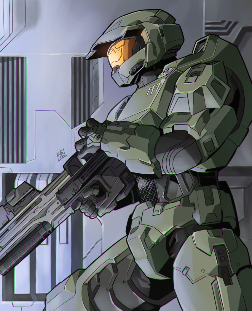 1boy absurdres animification assault_rifle assault_visor black_gloves bullpup commentary from_side gloves gun halo_(series) halo_infinite helmet highres holding holding_gun holding_weapon ma5 male_focus master_chief nasutetsu power_armor rifle science_fiction solo spartan_(halo) weapon