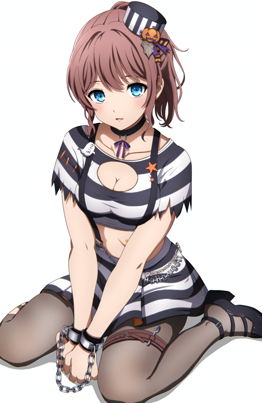 1girl absurdres ankle_strap bang_dream! belt belt_buckle black_collar black_footwear black_headwear black_shirt black_skirt blue_eyes breasts brown_belt brown_hair brown_pantyhose buckle chain chained chained_wrists cleavage cleavage_cutout clothing_cutout collar collarbone colored_skin commentary crop_top cuffs full_body hair_ornament halloween_costume hat high_heels highres jack-o'-lantern jack-o'-lantern_hair_ornament light_blush looking_at_viewer medium_breasts medium_hair midriff mini_hat miniskirt multicolored_skin neck_ribbon noshimurin o-ring_collar official_alternate_costume pantyhose parted_lips ponytail prison_clothes purple_ribbon revision ribbon shirt short_sleeves sidelocks simple_background sitting skirt solo spoon star_tattoo stomach_tattoo strappy_heels striped striped_headwear striped_shirt striped_skirt tattoo thigh_belt thigh_strap tilted_headwear torn_clothes torn_pantyhose torn_shirt two-tone_shirt two-tone_skin v_arms wariza white_background white_shirt white_skirt yamabuki_saya