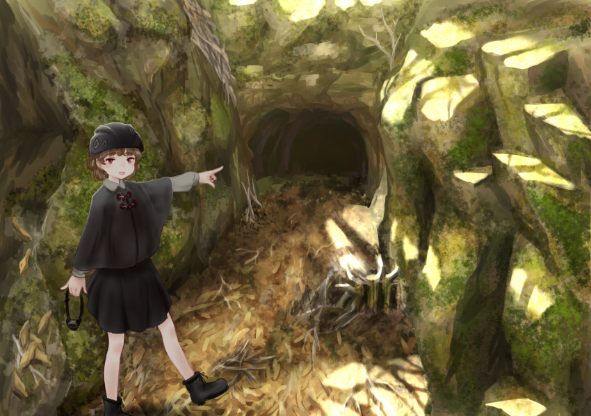 1girl black_footwear black_skirt boots brown_eyes brown_hair cave collared_shirt commentary_request day foot_out_of_frame forest grey_shirt half-closed_eyes hatoba_tsugu helmet highres holding long_sleeves looking_at_viewer mizumori_sekizai nature open_mouth outdoors pinky_out pointing poncho shirt short_hair single_hair_ring skirt smile solo standing standing_on_one_leg sunlight tsugu_(vtuber) virtual_youtuber