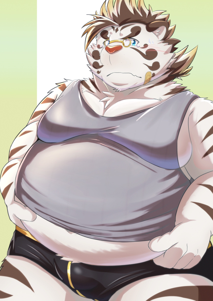 2023 absurd_res anthro band-aid bandage belly big_belly blue_eyes bulge clothing eyewear felid glasses hi_res humanoid_hands kemono licho_(tas) lifewonders male mammal moobs nazebesu_hobby overweight overweight_male pantherine shirt solo tiger tokyo_afterschool_summoners topwear underwear