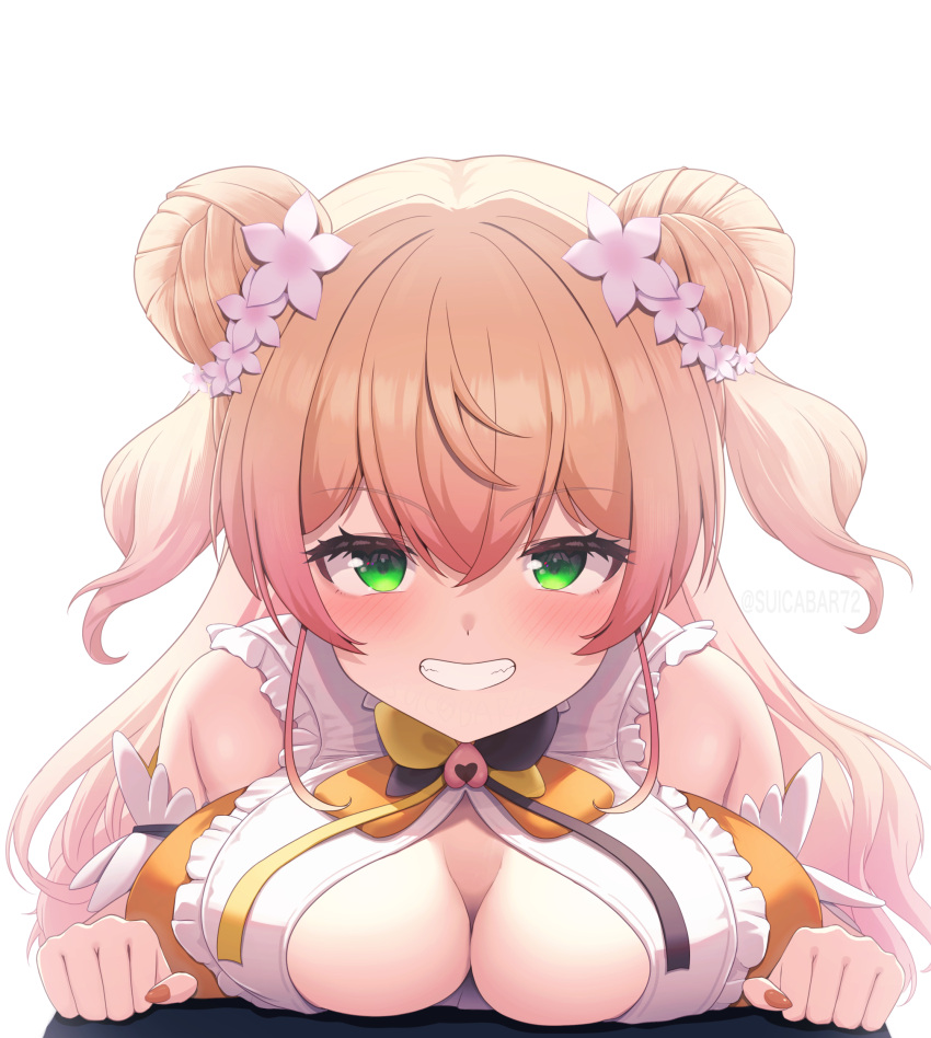 1girl black_bow black_bowtie blonde_hair blush bow bowtie breasts cleavage cleavage_cutout clothing_cutout detached_sleeves double_bun frilled_shirt frills green_eyes hair_bun highres hololive large_breasts looking_at_viewer momosuzu_nene momosuzu_nene_(1st_costume) multicolored_bowtie nail_polish orange_bow orange_bowtie orange_nails orange_shirt shirt sleeveless sleeveless_shirt smile solo suicabar72 two_side_up virtual_youtuber white_background white_sleeves yellow_bow yellow_bowtie