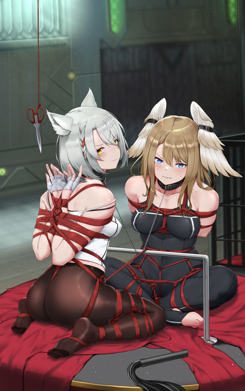 2girls absurdres animal_ear_fluff animal_ears arms_behind_back bare_shoulders bdsm black_leotard black_pantyhose blue_eyes blush bondage bound bound_arms bound_legs bound_together bound_wings breasts eunie_(xenoblade) fingerless_gloves gloves grey_hair half_gloves head_wings highres indian_style legs_folded leotard light_brown_hair long_hair looking_at_viewer medium_breasts mio_(xenoblade) multiple_girls no_shoes pantyhose red_rope restrained rope scissors shibari shibari_over_clothes short_hair sitting tendo_(zhazhatiantong) toeless_legwear white_gloves wings xenoblade_chronicles_(series) xenoblade_chronicles_3 yellow_eyes