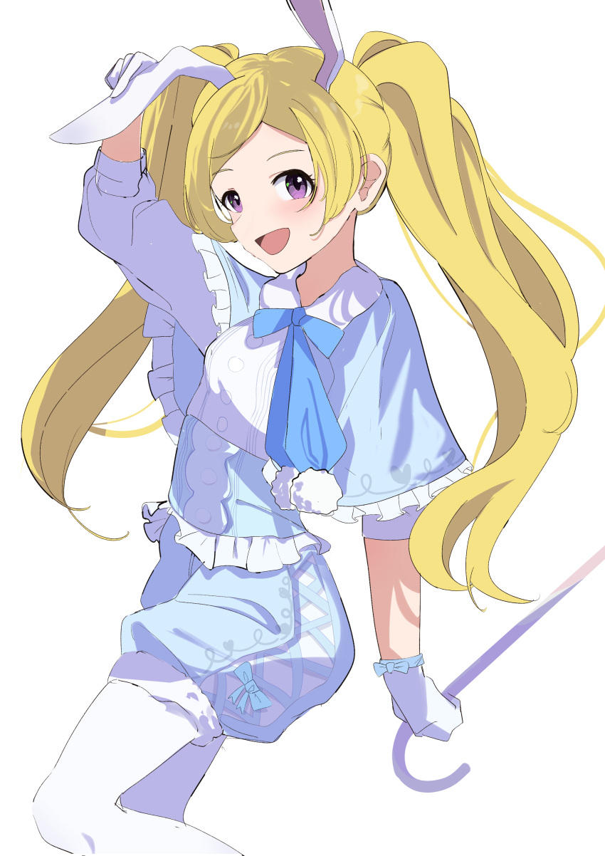 1girl :d absurdres animal_ears blonde_hair blue_capelet blue_ribbon blue_shorts blush cane capelet cowboy_shot emily_stewart fake_animal_ears frilled_capelet frills from_side gloves hand_on_headwear highres holding holding_cane idolmaster idolmaster_million_live! idolmaster_million_live!_theater_days long_hair neck_ribbon ooho0216 open_mouth pantyhose parted_bangs purple_eyes rabbit_ears ribbon shorts sidelocks simple_background smile solo twintails white_background white_gloves white_pantyhose