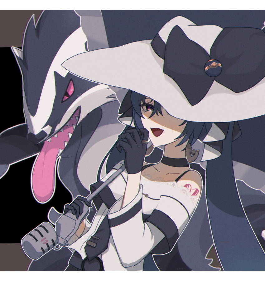 1girl absurdres bare_shoulders black_gloves bow commentary dark_miku_(project_voltage) earrings flaw_(4lmnis) gloves hat hat_bow hat_over_one_eye hatsune_miku highres jewelry long_hair luxury_ball microphone obstagoon open_mouth poke_ball pokemon pokemon_(creature) project_voltage red_eyes shoulder_tattoo tattoo tongue tongue_out very_long_hair vocaloid white_headwear