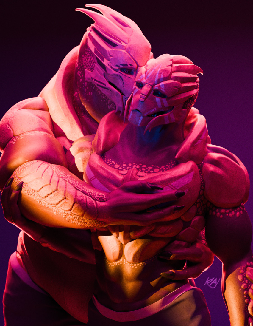 3d_(artwork) alien bodypaint clothed clothing cuddling digital_media_(artwork) duo embrace face_paint hi_res hug hugging_from_behind humanoid intraspecies kagekave male male/male mass_effect musclegut muscular muscular_male overweight overweight_male size_difference standing topless turian