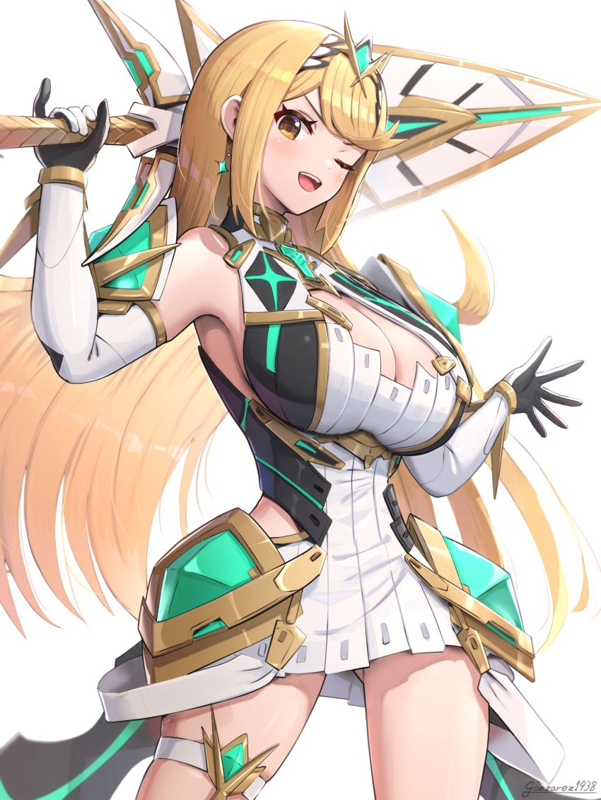 1girl black_gloves bong breasts chest_jewel cleavage_cutout clothing_cutout dress earrings elbow_gloves gloves gold_trim gonzarez highres hip_vent holding holding_sword holding_weapon jewelry large_breasts long_hair looking_at_viewer multicolored_clothes multicolored_gloves mythra_(xenoblade) one_eye_closed open_mouth skindentation smile solo sword teeth thighlet tiara upper_teeth_only weapon white_dress white_gloves xenoblade_chronicles_(series) xenoblade_chronicles_2 yellow_eyes