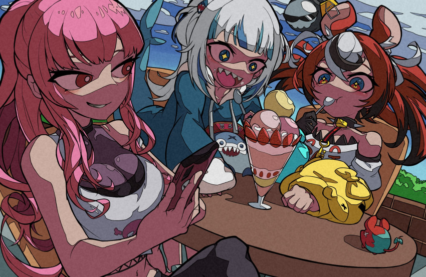 +_+ 3girls bare_shoulders bis814 blue_eyes blue_hair blue_sky blunt_bangs cellphone cherry cloud commentary eating english_commentary fins fish_tail food fruit gawr_gura gawr_gura_(1st_costume) hair_ornament hakos_baelz hakos_baelz_(1st_costume) highres holding holding_phone holding_spoon hololive hololive_english ice_cream long_hair medium_hair mori_calliope mori_calliope_(2nd_costume) mr._squeaks_(hakos_baelz) multicolored_hair multiple_girls official_alternate_costume open_mouth outdoors phone pink_hair red_eyes shark_hair_ornament shark_tail sharp_teeth sitting sky smartphone smirk spoon streaked_hair sundae tail teeth two-tone_hair virtual_youtuber white_hair