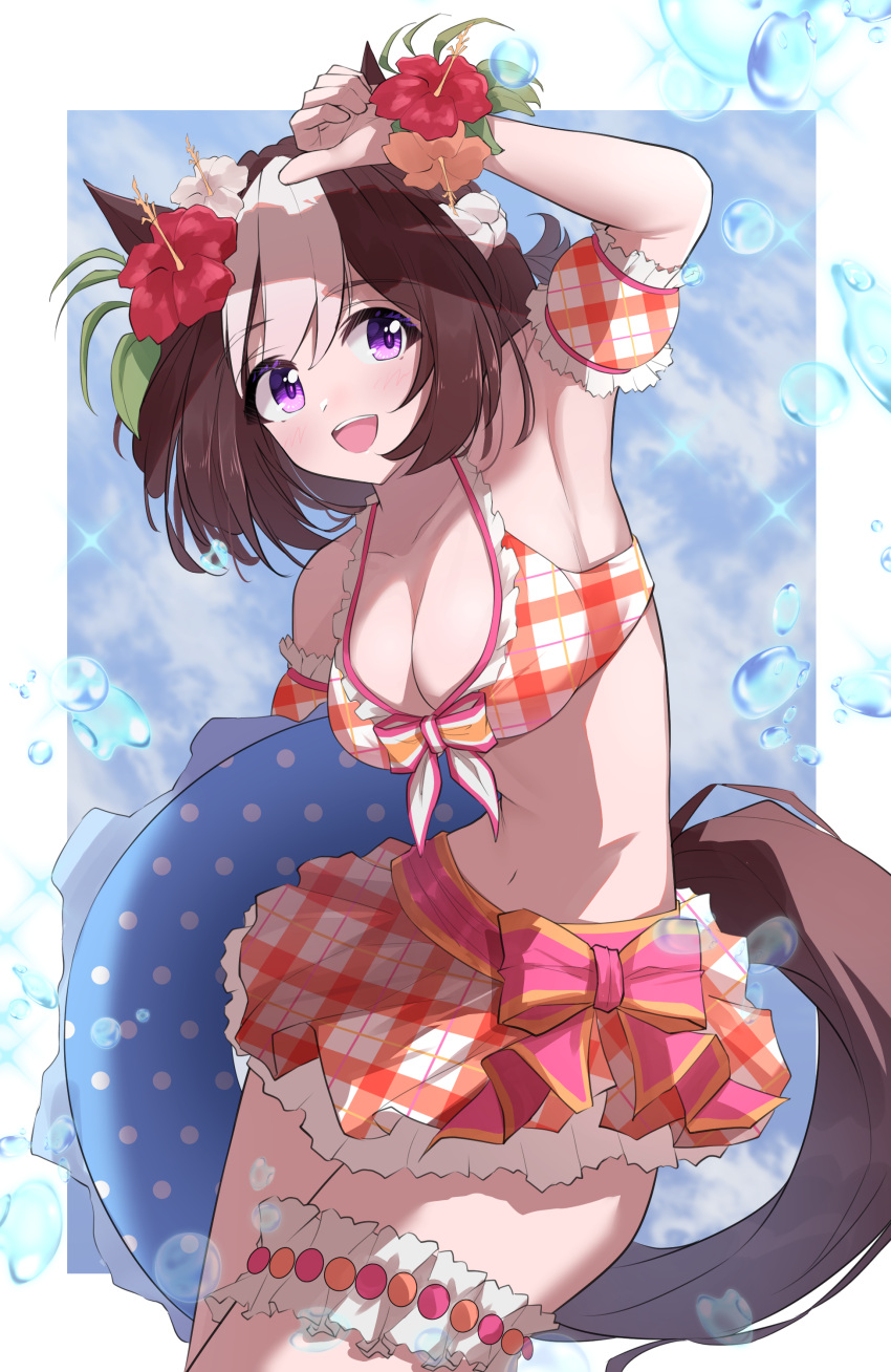 1girl :d absurdres animal_ears bikini bikini_skirt breasts brown_hair cleavage commentary ear_flower frilled_bikini frills highres horse_ears horse_girl horse_tail looking_to_the_side official_alternate_costume orange_bikini plaid plaid_bikini purple_eyes short_hair smile solo special_week_(hopping_vitamin_heart)_(umamusume) special_week_(umamusume) swimsuit tail umamusume white_hair yorozuya_(yoroz_ryobi)