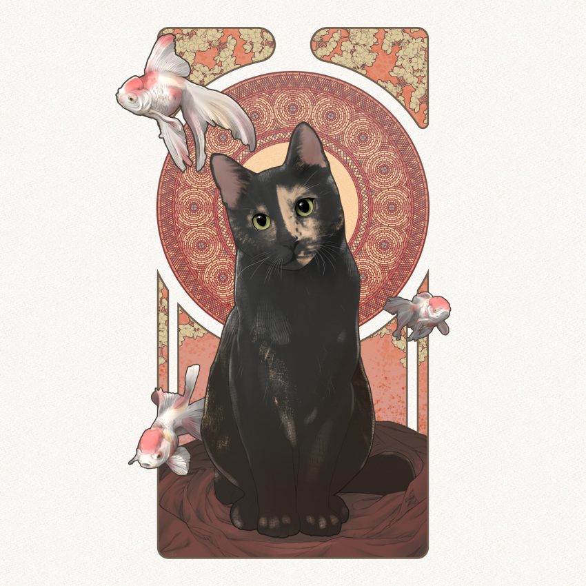 animal art_nouveau border cat commission fish goldfish highres jsz_ta2 looking_at_viewer no_humans original outside_border tortoiseshell_cat white_border