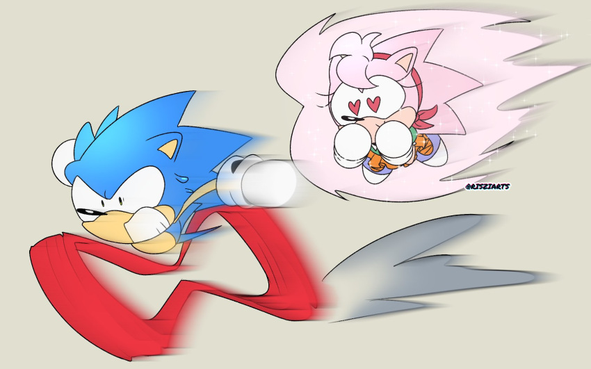 1boy 1girl amy_rose animal_ears animal_nose chasing classic_amy_rose flying furry furry_female furry_male heart heart-shaped_pupils hedgehog hedgehog_boy hedgehog_ears hedgehog_girl highres risziarts running sonic_(series) sonic_the_hedgehog sonic_the_hedgehog_(classic) super_amy_rose symbol-shaped_pupils