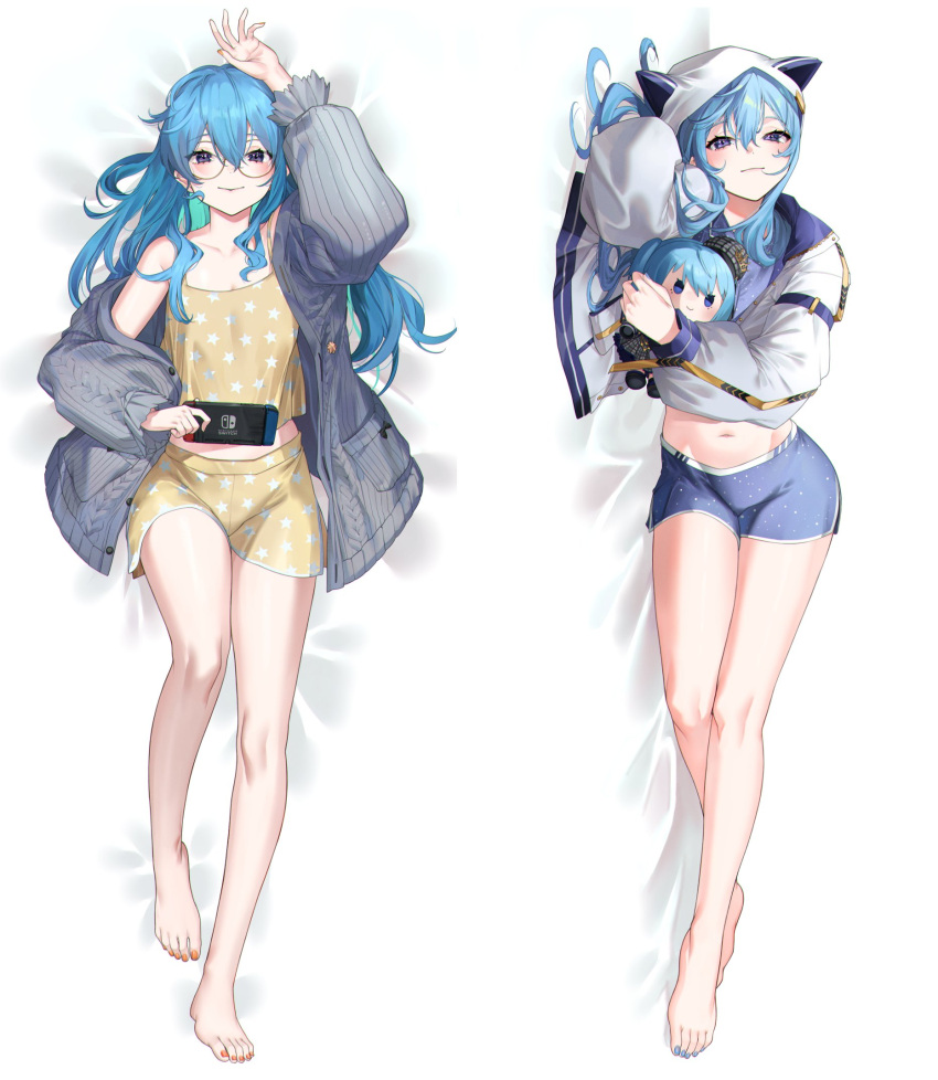 1girl alternate_costume arm_up bare_legs barefoot blue_eyes blue_hair blue_nails blue_shirt blue_shorts breasts character_doll closed_mouth collarbone dakimakura_(medium) eredhen feet from_above from_side full_body glasses grey_jacket hair_between_eyes hand_up highres holding hololive hood hood_up hoshimachi_suisei jacket legs long_hair long_sleeves looking_at_viewer lying midriff multiple_views nail_polish navel nintendo_switch off_shoulder on_back on_side orange_nails puffy_sleeves shiny_skin shirt shorts side_ponytail sidelocks small_breasts smile star_(symbol) star_print tank_top thighs toenail_polish toenails toes yellow_shorts yellow_tank_top