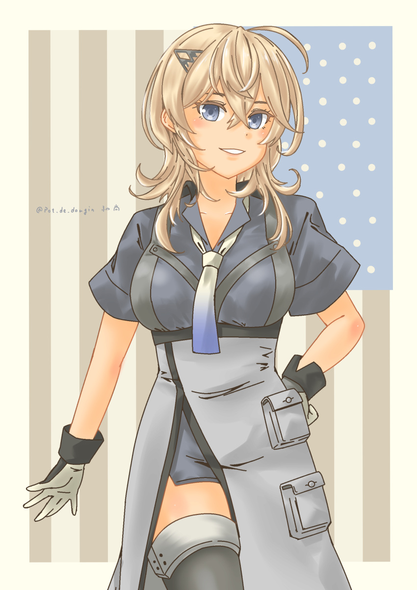 1girl absurdres american_flag_background black_thighhighs blonde_hair blue_eyes blue_neckerchief blue_shirt blue_skirt breasts collared_shirt colored_inner_hair commentary_request cowboy_shot gloves gradient_neckerchief grey_skirt highres kantai_collection large_breasts medium_breasts military military_uniform multicolored_hair neckerchief overskirt parted_lips pencil_skirt pot-de shirt skirt solo thighhighs tuscaloosa_(kancolle) two-tone_gloves uniform white_gloves