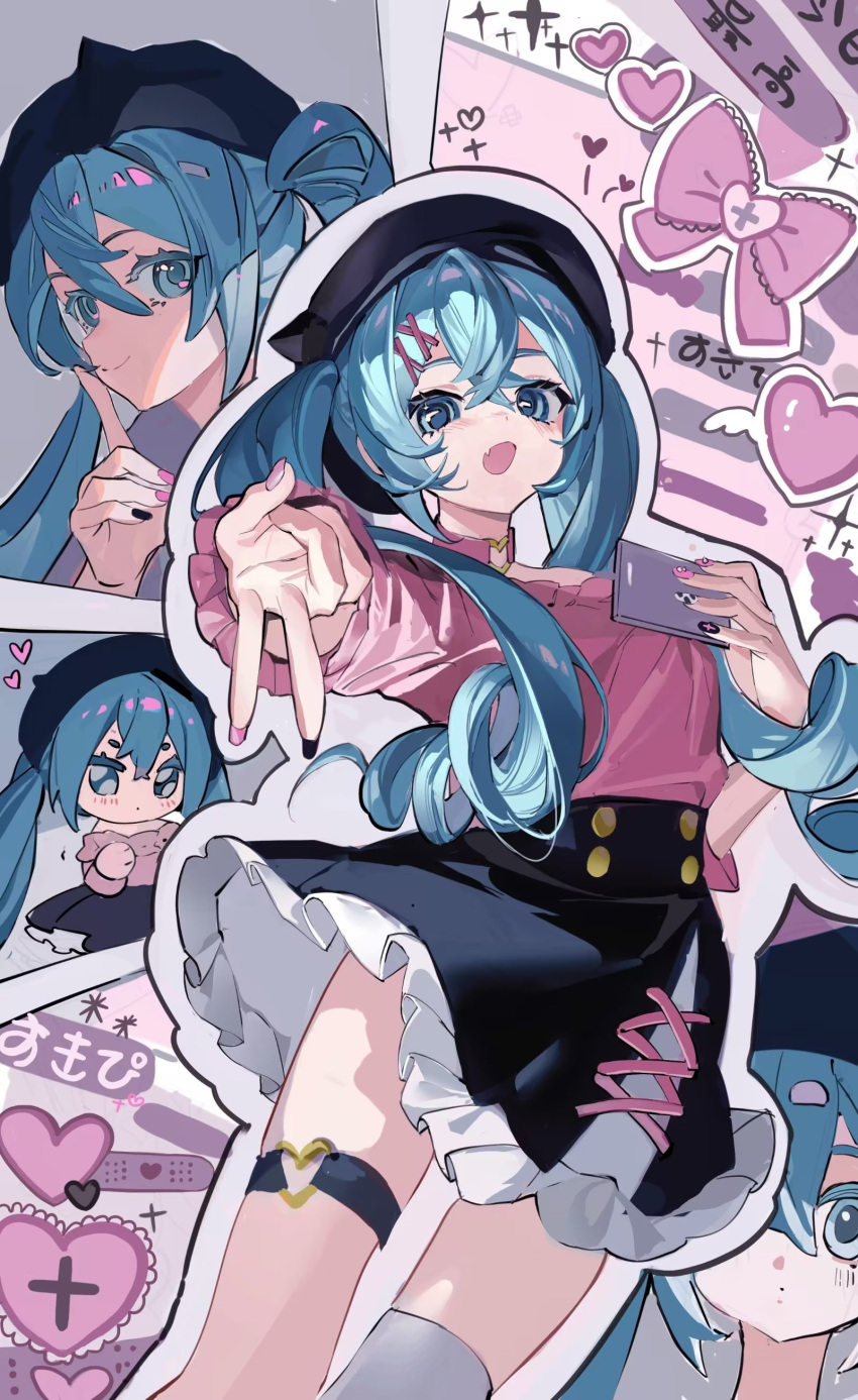 1girl absurdres bandaid beret black_headwear black_skirt black_straps blue_eyes blue_hair blush bow bowtie cellphone chibi choker cropped_legs crossed_bangs drill_hair finger_to_cheek frilled_skirt frills hair_between_eyes hair_ornament hairclip hat hatsune_miku heart heart_choker highres holding holding_phone multicolored_nails neonneon321 open_mouth over-kneehighs phone pink_bow pink_choker pink_shirt shirt single_over-kneehigh single_thighhigh skirt smartphone solo thigh_strap thighhighs thighs twin_drills twintails v vocaloid white_thighhighs winged_heart