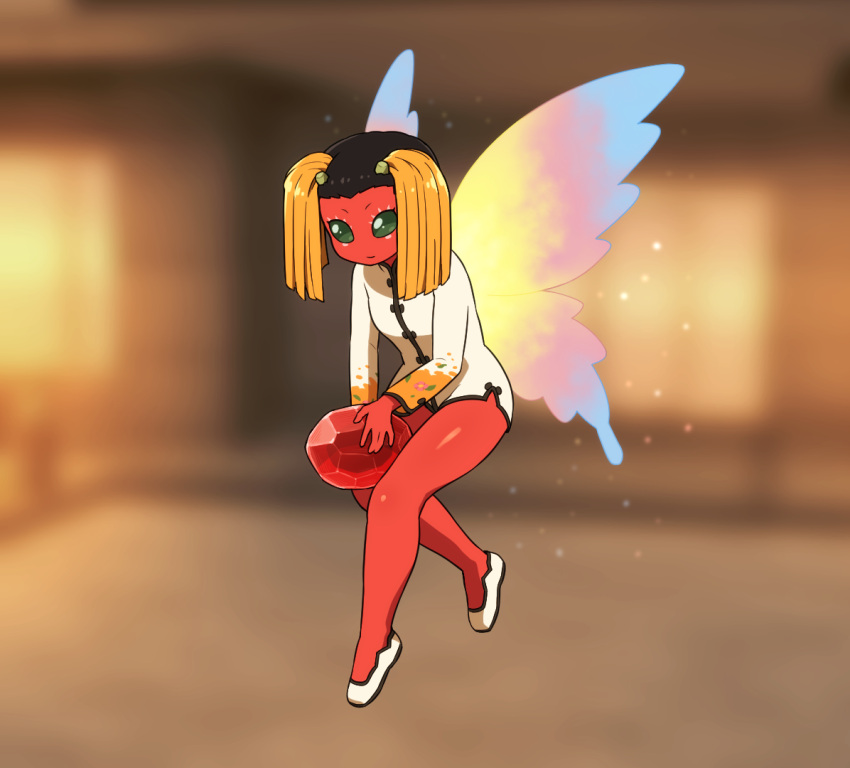 1girl black_hair blonde_hair blue_wings blurry blurry_background chinese_clothes closed_mouth colored_skin commentary_request depth_of_field dress full_body gem gradient_wings green_eyes holding horns hua-po hua_po_(megami_tensei) long_sleeves multicolored_wings pink_wings red_gemstone red_skin shin_megami_tensei shirosato shoes smile solo twintails white_dress white_footwear wings yellow_wings