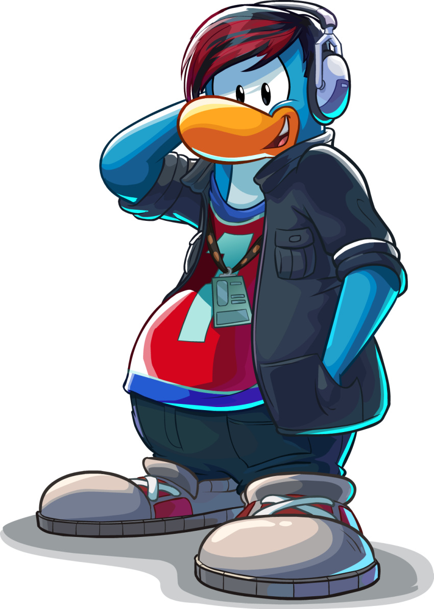 avian bird black_bottomwear black_clothing black_hair black_jacket black_pants black_topwear blue_body bottomwear clothed clothing club_penguin cole_plante footwear full-length_portrait hair hand_in_pocket headphones hi_res jacket lanyard looking_at_viewer male multicolored_clothing multicolored_footwear multicolored_hair official_art open_clothing open_jacket open_mouth open_topwear pants penguin pockets portrait red_clothing red_footwear red_hair red_shirt red_topwear shirt shoes short_hair solo topwear two_tone_clothing two_tone_footwear two_tone_hair unknown_artist upper_teeth_only white_clothing white_footwear