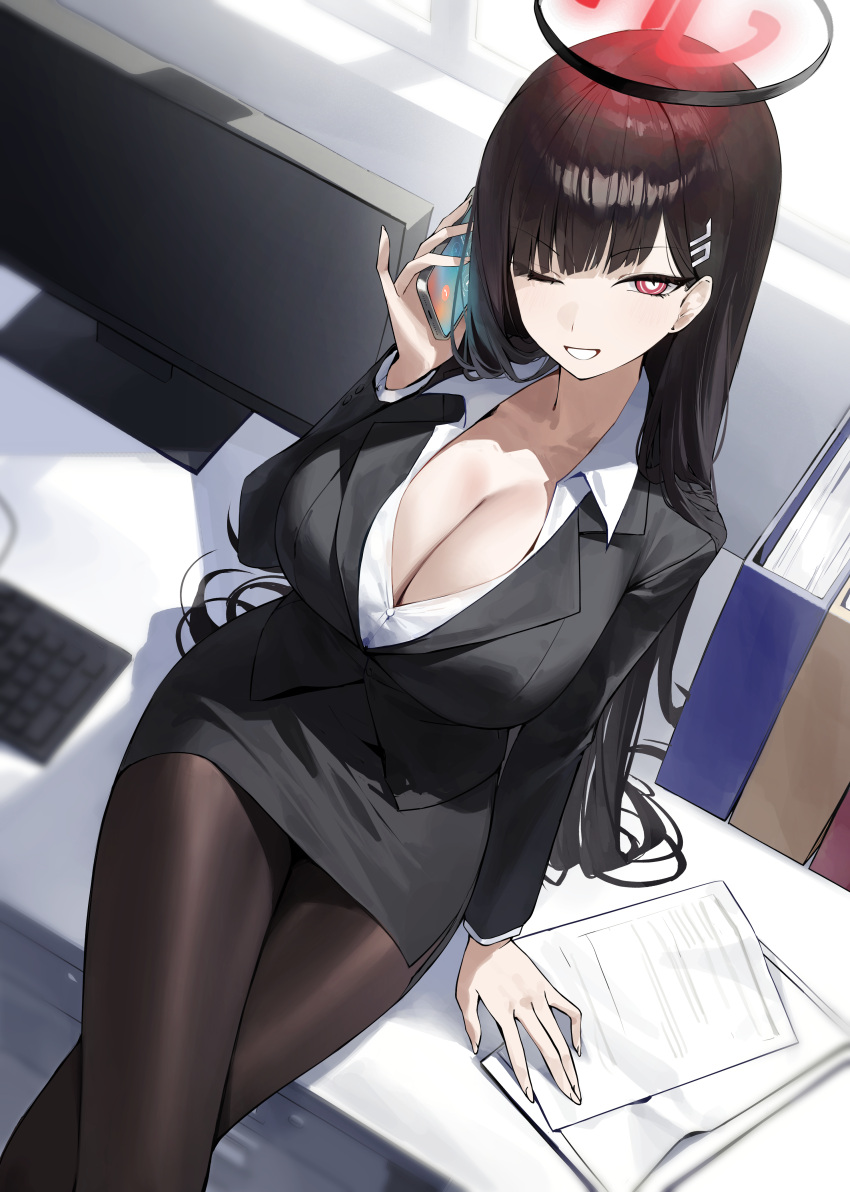 1girl absurdres black_hair black_jacket black_skirt blue_archive blush breasts cellphone cleavage collarbone crossed_arms grin hair_ornament hairclip halo highres holding holding_phone hug indoors jacket long_hair long_sleeves looking_at_viewer mechanical_halo open_clothes open_shirt pantyhose papers phone red_eyes red_halo red_pupils rio_(blue_archive) sbgu shirt sitting skirt smartphone smile solo white_shirt