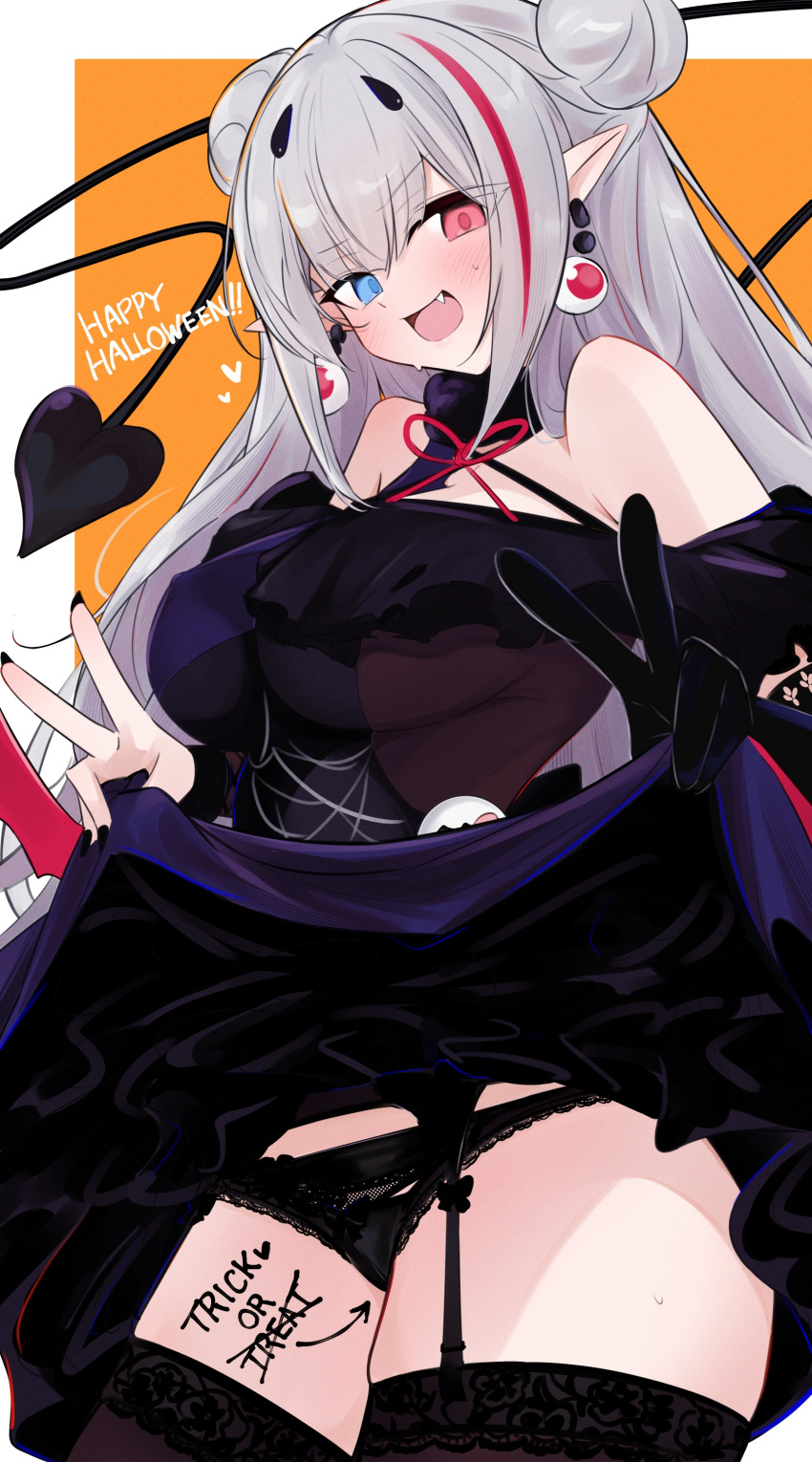 absurdres black_panties body_writing clothes_lift cowboy_shot demon_tail double_bun double_v dress earrings eyeball_earrings fang girls'_frontline gloves grey_hair hair_bun halloween halloween_costume heterochromia highres jewelry lace-trimmed_panties lace_trim lifted_by_self long_hair mdr_(ghost_trap)_(girls'_frontline) mdr_(girls'_frontline) multicolored_clothes multicolored_dress multicolored_hair nail_polish ohichi16 open_mouth panties pointy_ears single_glove skirt skirt_lift smile spider_web_print streaked_hair tail underwear v vampire