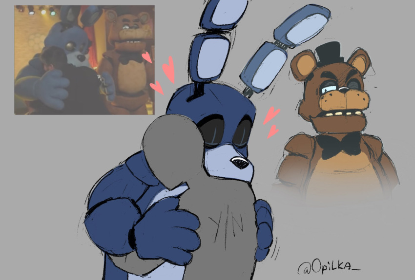 &lt;3 2023 4_fingers ambiguous_focus ambiguous_gender animatronic anthro anthro_focus artist_name bear biped black_bow_tie black_eyelids black_nose black_text blank_humanoid bonnie_(fnaf) bow_tie bow_tie_only brown_body brown_fur colored colored_sketch countershade_face countershade_torso countershading digital_drawing_(artwork) digital_media_(artwork) duo_focus embrace envy eyebrows eyes_closed fingers five_nights_at_freddy's five_nights_at_freddy's_(film) freckles freddy front_view fur glistening glistening_eyes grey_background grey_body group guide_lines half-length_portrait happy heart_reaction hi_res hug human humanoid humanoid_focus lagomorph leporid machine male male_focus mammal mostly_nude multicolored_body opilka_(artist) photo_reference pink_heart portrait purple_body purple_ears purple_fur rabbit rabbit_ears red_bow reference_image robot round_ears scottgames simple_background sketch standing teeth text three-quarter_view trio two_tone_body universal_studios y/n ych_(character)