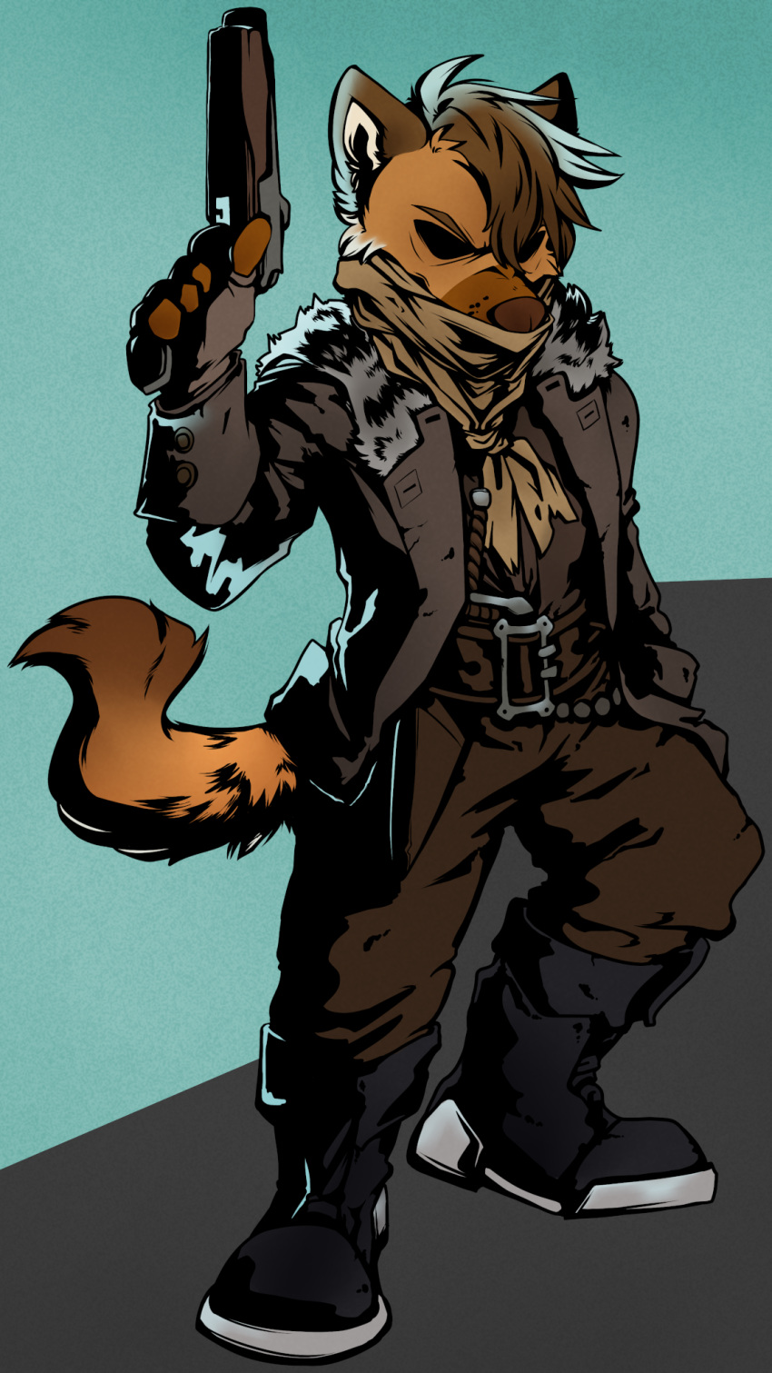 9:16 anthro belt boots bottomwear brown_body brown_fur brown_hair clothed clothing coat darkest_dungeon duster_(disambiguation) footwear fur gulonine gun hair handgun hi_res highwayman highwayman_(darkest_dungeon) knife male mammal marten mask mustelid musteline orange_body orange_eyes orange_fur pants pine_marten pistol ranged_weapon shirt solo starwolfskin tan_body tan_fur topwear tsinil_keyah weapon zgf_art zgf_gaming