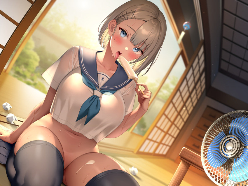 1girl arm_support black_thighhighs blonde_hair blue_eyes blue_neckerchief blunt_bangs blurry blurry_background blush bottomless cream cream_on_body depth_of_field dutch_angle electric_fan food hair_ornament hairclip head_tilt highres holding holding_food holding_popsicle looking_at_viewer navel neckerchief open_mouth original popsicle re:shimashima school_uniform see-through see-through_sleeves serafuku short_hair short_sleeves sitting skirt skirt_removed sliding_doors solo sunlight sweat tan tatami teeth thighhighs tongue tongue_out upper_teeth_only used_tissue wariza wind_chime x_hair_ornament