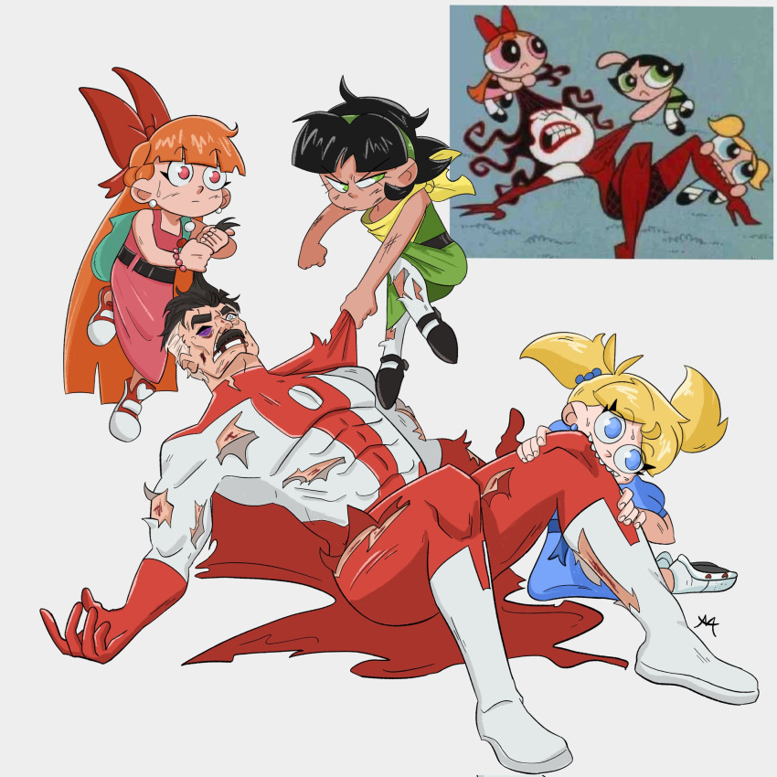 1boy 3girls anime_screencap biting black_hair blonde_hair blood blossom_(ppg) bubbles_(ppg) buttercup_(ppg) cartoon_network child commentary english_commentary facial_hair grabbing_another's_hair green_eyes highres invincible_(series) long_hair lying messy_hair moccimu multiple_girls mustache omni-man on_back powerpuff_girls screencap_inset short_hair siblings simple_background sisters smile superhero torn_clothes twintails