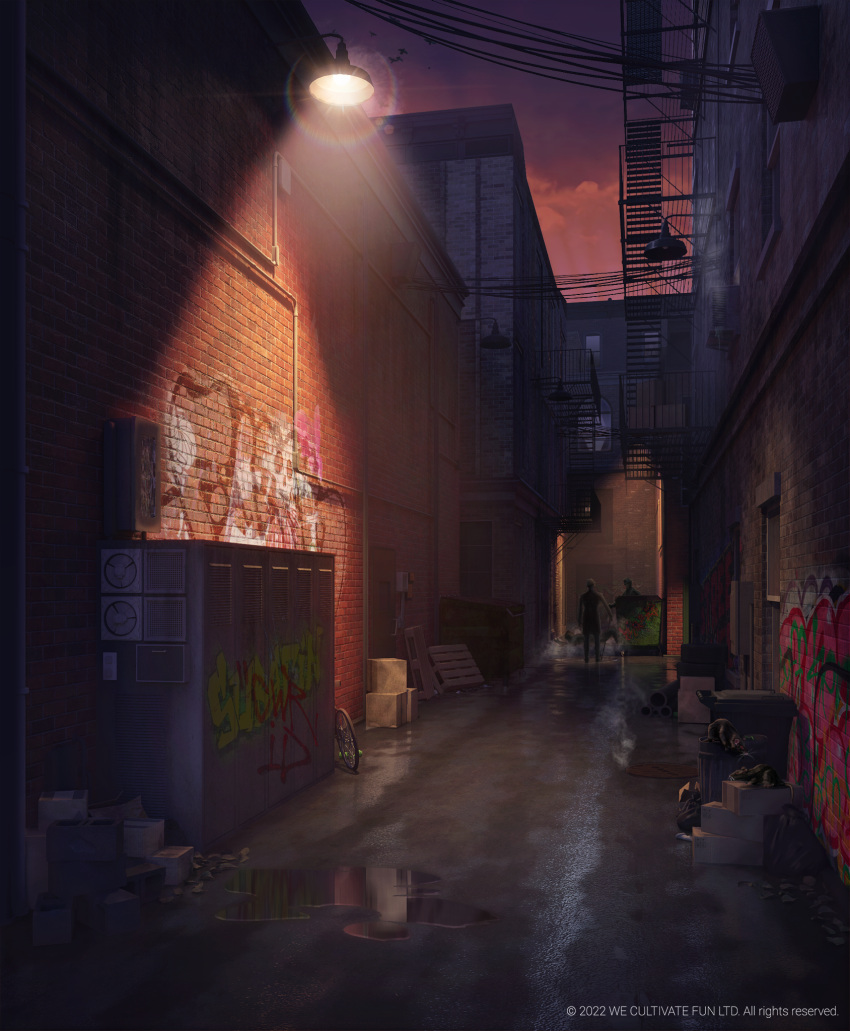 2boys 3d alley balcony brick_wall building cargo_pallet cinder_block cloud cloudy_sky graffiti highres lamppost multiple_boys night original outdoors puddle purple_sky road scenery sky solo_focus street sunset surafin wall_lamp