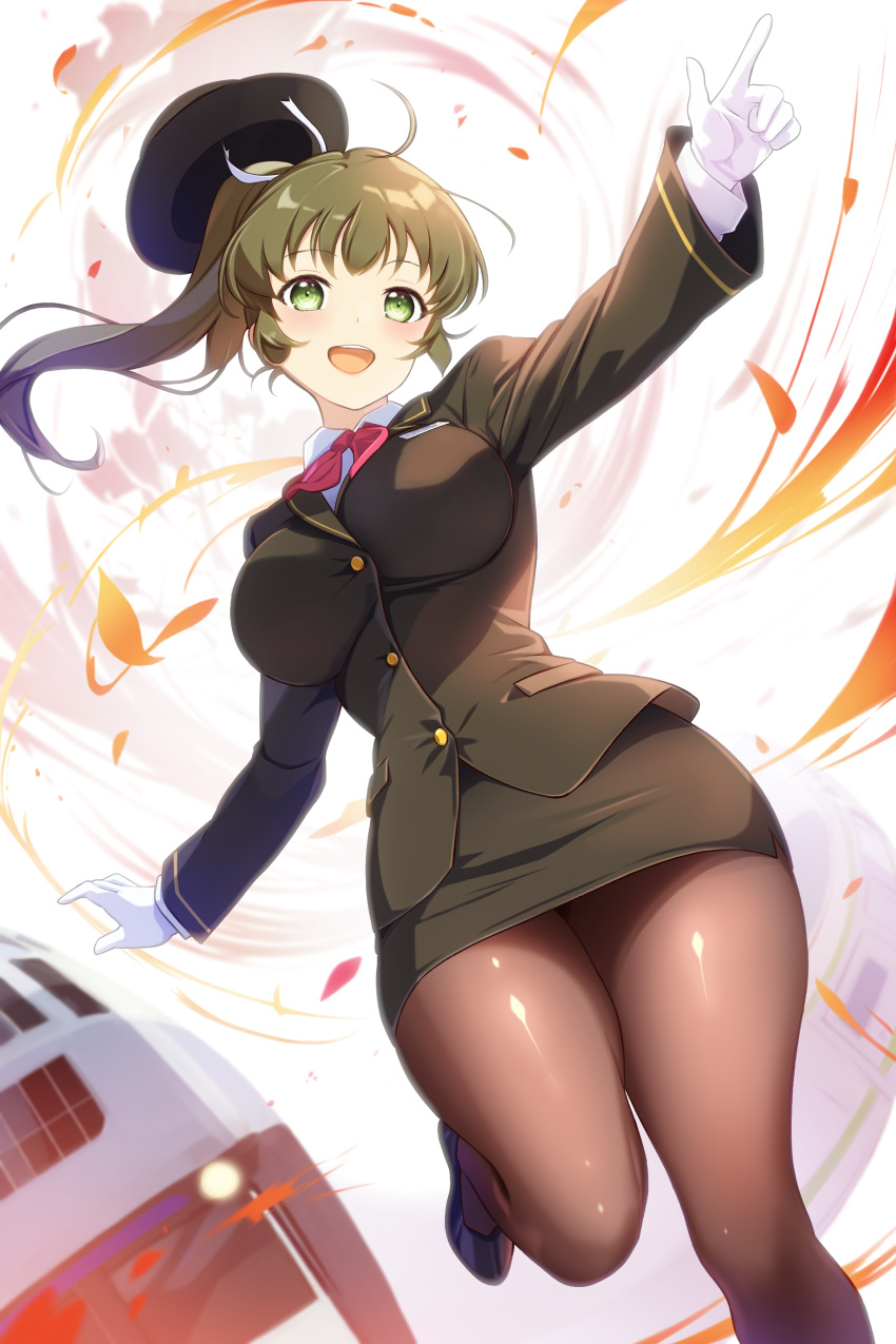 1girl absurdres ahoge black_footwear black_suit blush bow bowler_hat bowtie breasts brown_hair buttons cloud commission conductor energy falling_petals gloves green_eyes hair_ribbon hat headlight highres impossible_clothes impossible_shirt jacket large_breasts leaf locomotive looking_at_viewer motion_lines motochika_(senran_kagura) netarou_(shinra) open_mouth pantyhose pencil_skirt petals pink_bow pink_bowtie pointing ponytail ribbon senran_kagura senran_kagura_new_wave shiny_clothes shirt shoes simple_background skirt smile solo standing standing_on_one_leg suit suit_jacket teeth tongue train train_conductor upper_teeth_only white_background white_gloves white_ribbon white_shirt