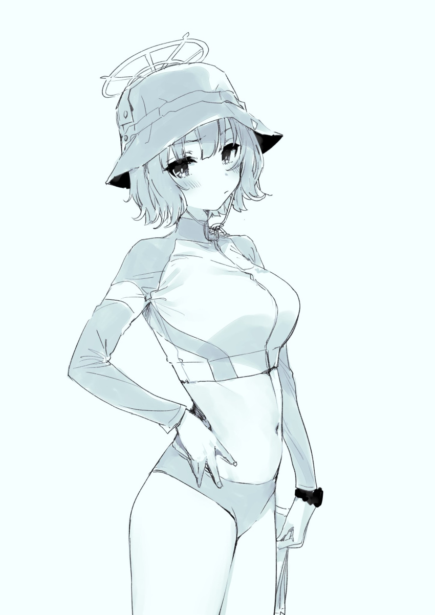 1girl blue_archive blue_background blue_theme blush breasts bucket_hat closed_mouth goshiki_suzu halo hat highres large_breasts long_sleeves looking_at_viewer monochrome navel official_alternate_costume raglan_sleeves rash_guard saki_(blue_archive) saki_(swimsuit)_(blue_archive) short_hair simple_background solo