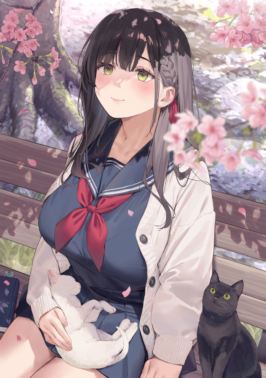 1girl absurdres animal_on_lap arl black_cat black_sailor_collar black_serafuku black_shirt blurry blush braid breasts brown_hair cardigan cat cat_on_lap closed_mouth day depth_of_field falling_petals flower green_eyes hair_behind_ear hair_ribbon highres large_breasts long_hair long_sleeves looking_up multiple_cats neckerchief on_lap open_cardigan open_clothes original outdoors petals pink_flower pleated_skirt red_neckerchief red_ribbon ribbon sailor_collar school_uniform serafuku shirt sidelocks sitting skirt smile solo thighs tree white_cat wooden_bench