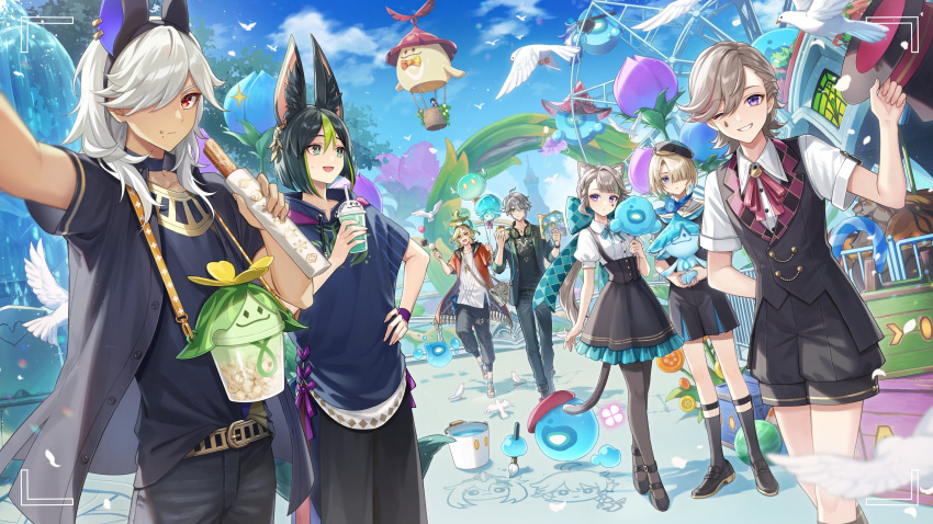 1girl 6+boys :d absurdres aether_(genshin_impact) aircraft alhaitham_(genshin_impact) alternate_costume amaichi_esora animal_ears antenna_hair aqua_bow aqua_ribbon arama_(genshin_impact) aranara_(genshin_impact) ararycan_(genshin_impact) arm_behind_back arm_up art_brush bag balloon beret bird black_choker black_footwear black_hair black_hairband black_headwear black_jacket black_pants black_pantyhose black_shirt black_shorts black_skirt black_socks black_vest black_wristband blonde_hair blue_eyes blue_flower blue_hoodie blue_sky blunt_bangs blunt_ends bow box braid bucket buttons cable carousel cat_ears cat_girl cat_tail choker churro closed_mouth cloud collarbone collared_shirt commentary cotton_candy cup cyno_(genshin_impact) dark-skinned_male dark_skin day disposable_cup drinking_straw earrings eating english_commentary expressionless eyepatch facial_mark fake_animal_ears feather_hair_ornament feathers ferris_wheel flower food food_on_face fountain fox_boy fox_ears fox_tail freckles freminet_(genshin_impact) frilled_skirt frills fungi_(genshin_impact) genshin_impact green_eyes green_hair green_jacket grey_hair grin hair_between_eyes hair_ornament hair_over_one_eye hairband hand_on_own_hip hand_up hands_up hat headphones headphones_around_neck high-waist_skirt highres holding holding_balloon holding_cup holding_food holding_map hood hood_down hoodie hot_air_balloon huge_bow hydro_eidolon_(genshin_impact) ice_cream ice_cream_cone jackal_ears jacket jewelry kaveh_(genshin_impact) lapels leg_up long_hair long_sleeves looking_at_viewer low_ponytail lynette_(genshin_impact) lyney_(genshin_impact) map mehrak_(genshin_impact) multicolored_hair multiple_boys napkin neck_ribbon on_head one_eye_closed one_eye_covered open_clothes open_jacket open_mouth outdoors outstretched_arm paimon_(genshin_impact) paintbrush pants pantyhose parted_bangs parted_lips ponytail purple_eyes purple_flower red_eyes red_headwear red_ribbon ribbon rishboland_tiger_(genshin_impact) sailor_collar sandwich scaramouche_(genshin_impact) selfie shadow shirt shoes short_hair short_sleeves shorts shoulder_bag sidelocks single_earring skirt sky slime_(genshin_impact) smile socks sparkle standing star_(symbol) star_facial_mark streaked_hair suspender_skirt suspenders sweatdrop swept_bangs tail tassel teardrop_facial_mark teeth tighnari_(genshin_impact) tilted_headwear tree upper_teeth_only usekh_collar v-shaped_eyebrows vest viewfinder wanderer_(genshin_impact) water white_footwear white_hair white_sailor_collar white_shirt wing_collar witch_hat wooden_box wristband