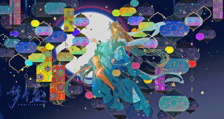1girl absurdres bare_legs bare_shoulders blue_dress brown_hair butterfly_hair_ornament closed_mouth dress floating hair_ornament highres lantern long_hair long_sleeves moon ning_rongrong_(douluo_dalu) ornament second-party_source sitting solo star_(sky) zizi_chuanchuan_wu_qiongjin_ye