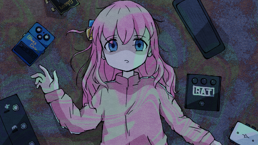 1girl blue_eyes bocchi_the_rock! cube_hair_ornament gotou_hitori hair_between_eyes hair_ornament highres jacket long_hair long_sleeves looking_at_viewer lying messy_hair on_back on_floor parted_lips pink_hair pink_jacket sayoselene shaded_face solo straight-on track_jacket upper_body