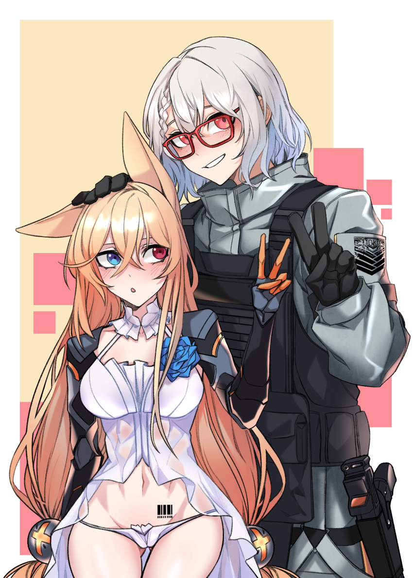 2girls absurdres animal_ears ass_visible_through_thighs babydoll barcode barcode_tattoo black_gloves blue_eyes blue_flower braid breasts collarbone commentary_request commission dog_ears dogs_(dlrkdejr26) female_commander_(girls'_frontline) flower g41_(girls'_frontline) girls'_frontline glasses gloves griffin_&amp;_kryuger gun hair_between_eyes hand_on_another's_head handgun hands_up hazmat_suit heterochromia highres holster korean_commentary long_hair looking_at_another looking_at_viewer low_twintails mechanical_arms medium_breasts medium_hair multiple_girls navel panties plate_carrier pouch red-framed_eyewear red_eyes see-through smile stomach tattoo thigh_holster twintails underwear upper_body v very_long_hair weapon white_babydoll white_hair white_panties