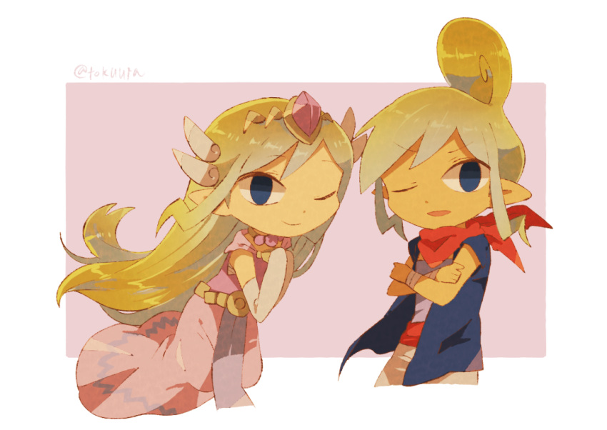 2girls artist_name belt belt_buckle blonde_hair buckle dress hair_between_eyes long_hair looking_at_viewer multiple_girls parted_bangs pointy_ears princess_zelda shirt simple_background smile tetra the_legend_of_zelda the_legend_of_zelda:_the_wind_waker tokuura toon_zelda