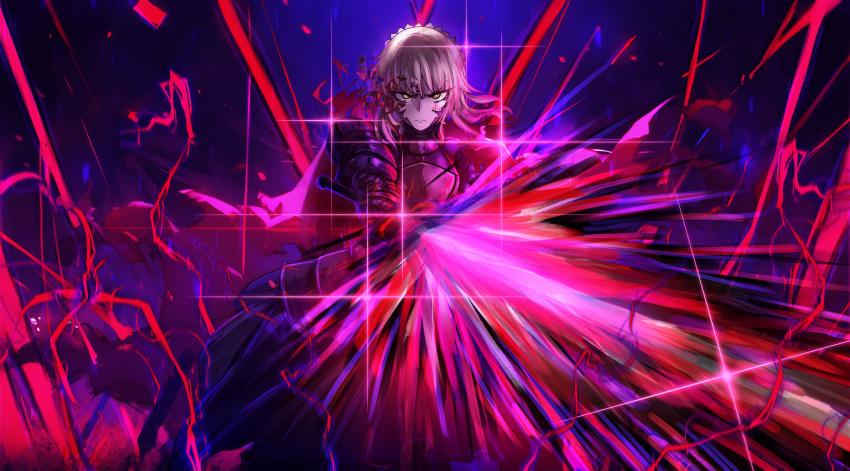 1girl absurdres armor armored_dress artoria_pendragon_(fate) black_armor black_dress blonde_hair braid dark_persona dress ebora excalibur_morgan_(fate) fate/grand_order fate/stay_night fate_(series) french_braid gauntlets highres holding holding_sword holding_weapon looking_at_viewer saber_alter solo sword weapon yellow_eyes