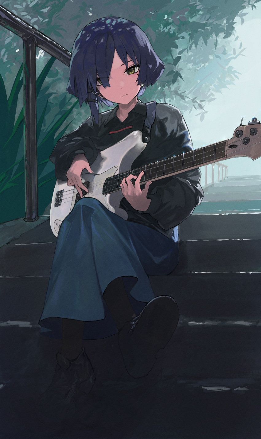 024th 1girl absurdres black_shirt blue_hair blue_skirt bocchi_the_rock! full_body guitar highres holding holding_instrument instrument long_skirt long_sleeves mole mole_under_eye outdoors puffy_long_sleeves puffy_sleeves shirt shoes sitting sitting_on_stairs skirt solo stairs yamada_ryo yellow_eyes