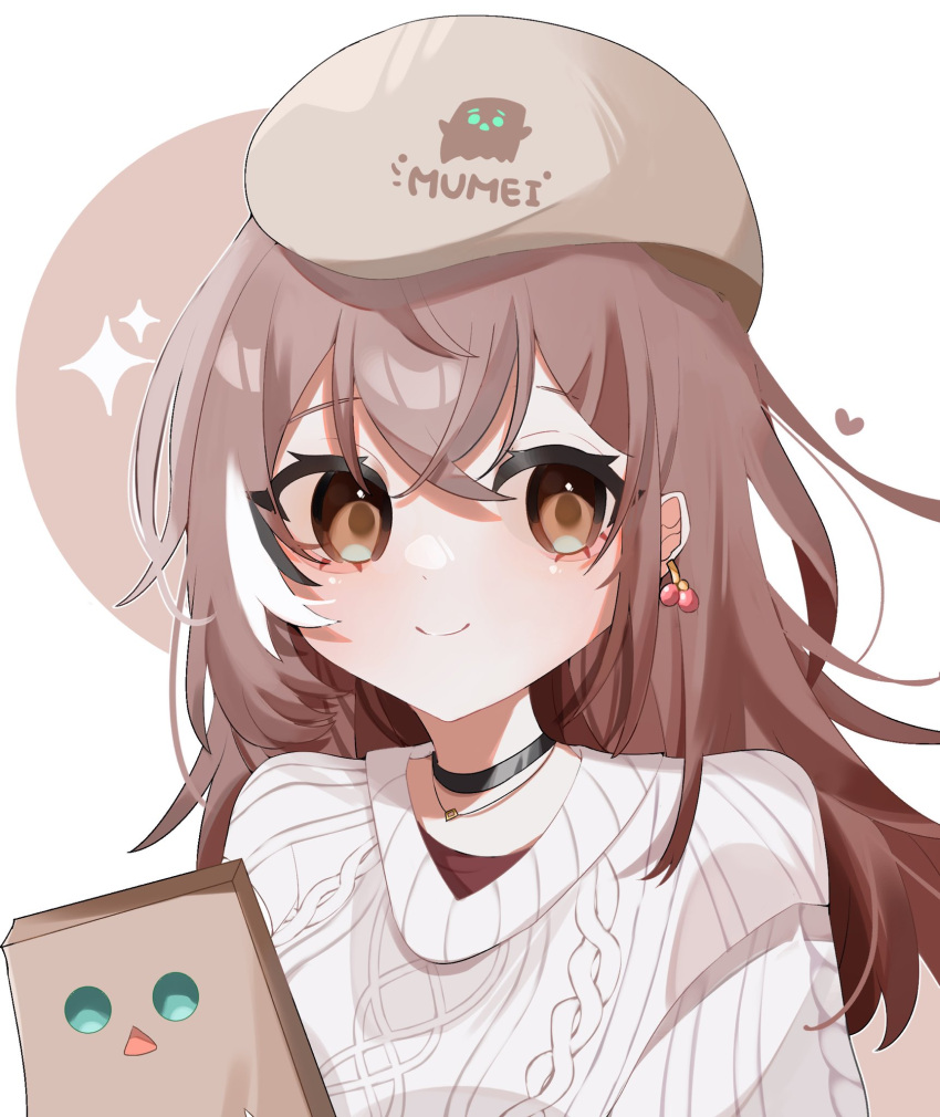 1girl ahoge beret berry black_choker brown_eyes brown_hair character_name choker crossed_bangs earrings food-themed_earrings friend_(nanashi_mumei) hana20000920 hat heart highres hololive hololive_english jewelry long_hair looking_at_viewer multicolored_hair nanashi_mumei nanashi_mumei_(2nd_costume) necklace official_alternate_costume red_shirt shirt simple_background smile sparkle streaked_hair sweater virtual_youtuber white_sweater