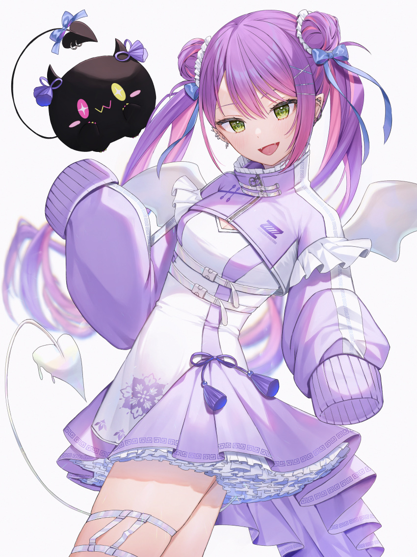 1girl absurdres bibi_(tokoyami_towa) blush breasts colored_inner_hair demon_tail double_bun ear_piercing fangs green_eyes hair_bun hair_ornament highres hololive long_hair looking_at_viewer multicolored_hair open_mouth piercing pink_hair purple_hair runlan_0329 sleeves_past_fingers sleeves_past_wrists smile solo streaked_hair swept_bangs tail tokoyami_towa twintails virtual_youtuber white_background