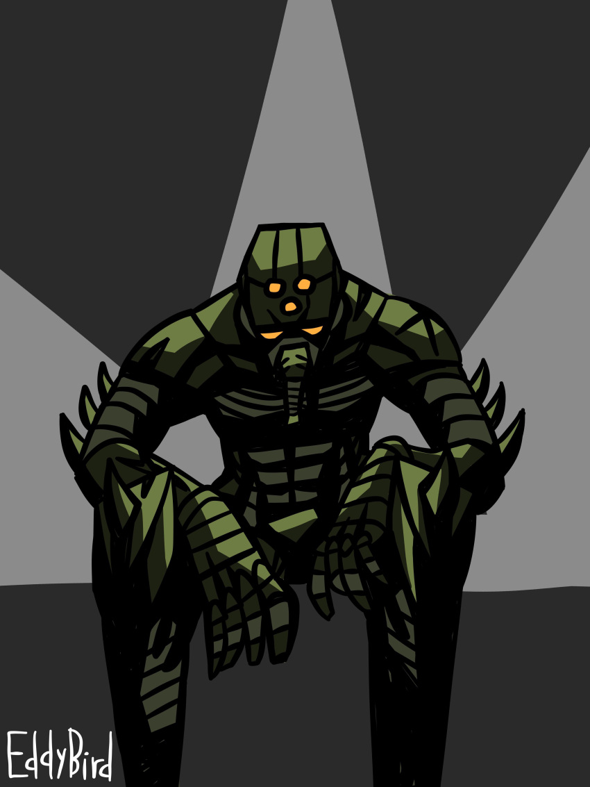 2020 5_eyes 5_fingers absurd_res animal_humanoid arm_tattoo arthropod arthropod_humanoid artist_name colored cybernetics cyborg digital_drawing_(artwork) digital_media_(artwork) eddybird exoskeleton fingers front_view green_body green_exoskeleton grey_background hands_on_knees hands_on_legs hi_res humanoid insect insect_humanoid invalid_tag living_armor machine male multi_eye portrait proboscis_(anatomy) sad scar scp-2273 scp_foundation shoulder_tattoo signature simple_background sitting soldier solo star star_tattoo tattoo text three-quarter_portrait warrior white_text yellow_eyes