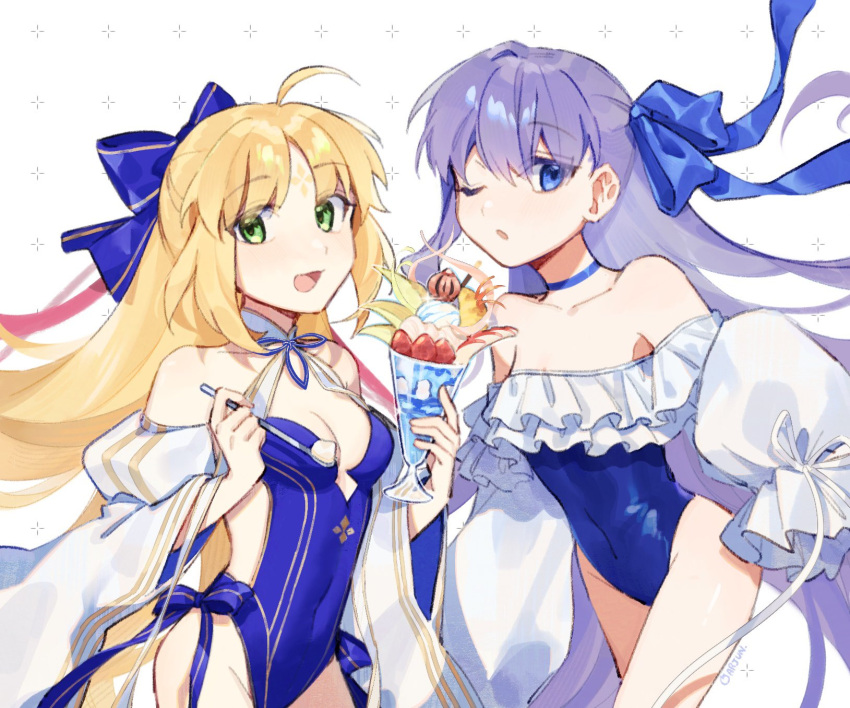 2girls :o ahoge arjun_fgo artoria_caster_(fate) artoria_caster_(swimsuit)_(fate) artoria_caster_(swimsuit)_(third_ascension)_(fate) artoria_pendragon_(fate) bare_shoulders blonde_hair blue_choker blue_one-piece_swimsuit blue_ribbon breasts choker cleavage clothing_cutout collarbone commentary_request covered_navel facial_mark fate/grand_order fate_(series) forehead_mark green_eyes hair_ribbon highleg highleg_swimsuit highres long_hair looking_at_viewer meltryllis_(fate) meltryllis_(swimsuit_lancer)_(fate) meltryllis_(swimsuit_lancer)_(second_ascension)_(fate) multiple_girls one-piece_swimsuit one_eye_closed parted_bangs purple_eyes purple_hair ribbon simple_background small_breasts smile swimsuit very_long_hair white_background