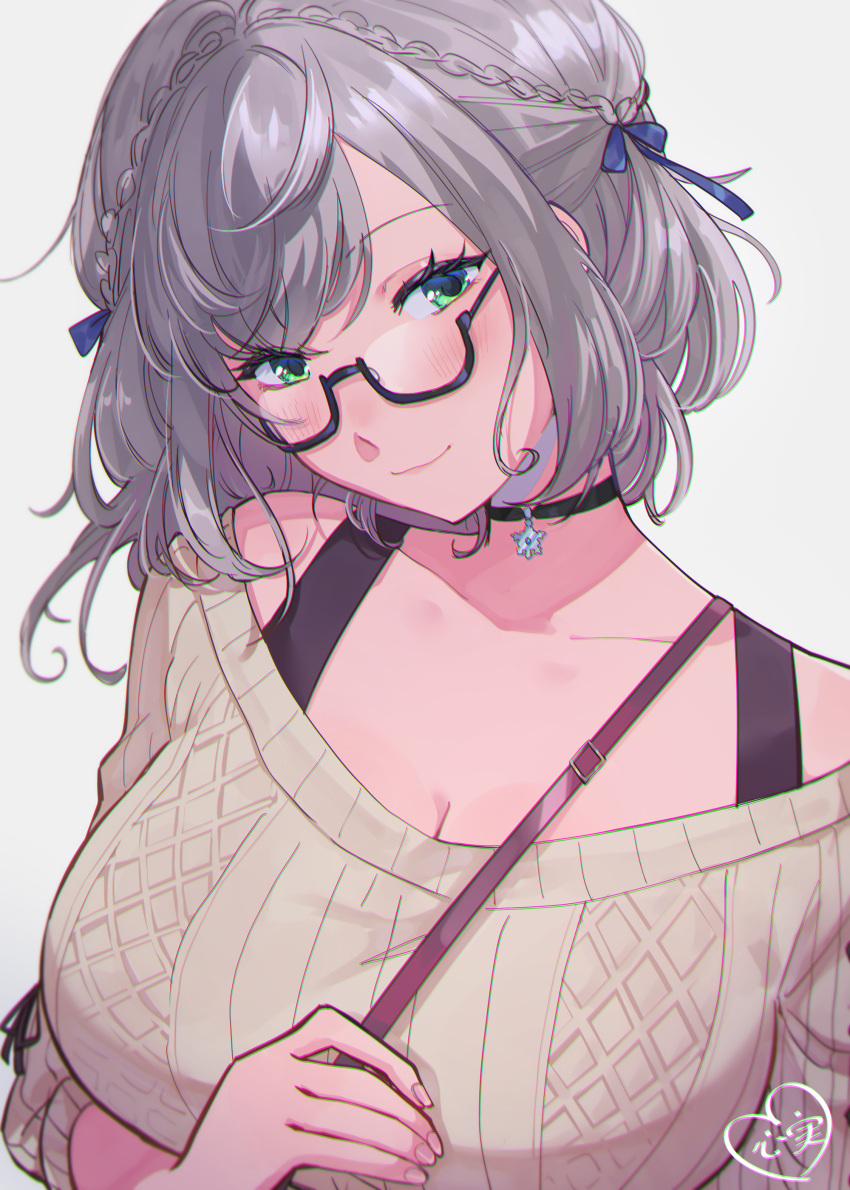 1girl absurdres black-framed_eyewear blush bra_strap breasts choker cleavage closed_mouth green_eyes grey_hair highres hololive kokomi_(aniesuakkaman) large_breasts looking_at_viewer semi-rimless_eyewear shirogane_noel short_hair smile solo sweater under-rim_eyewear virtual_youtuber white_sweater