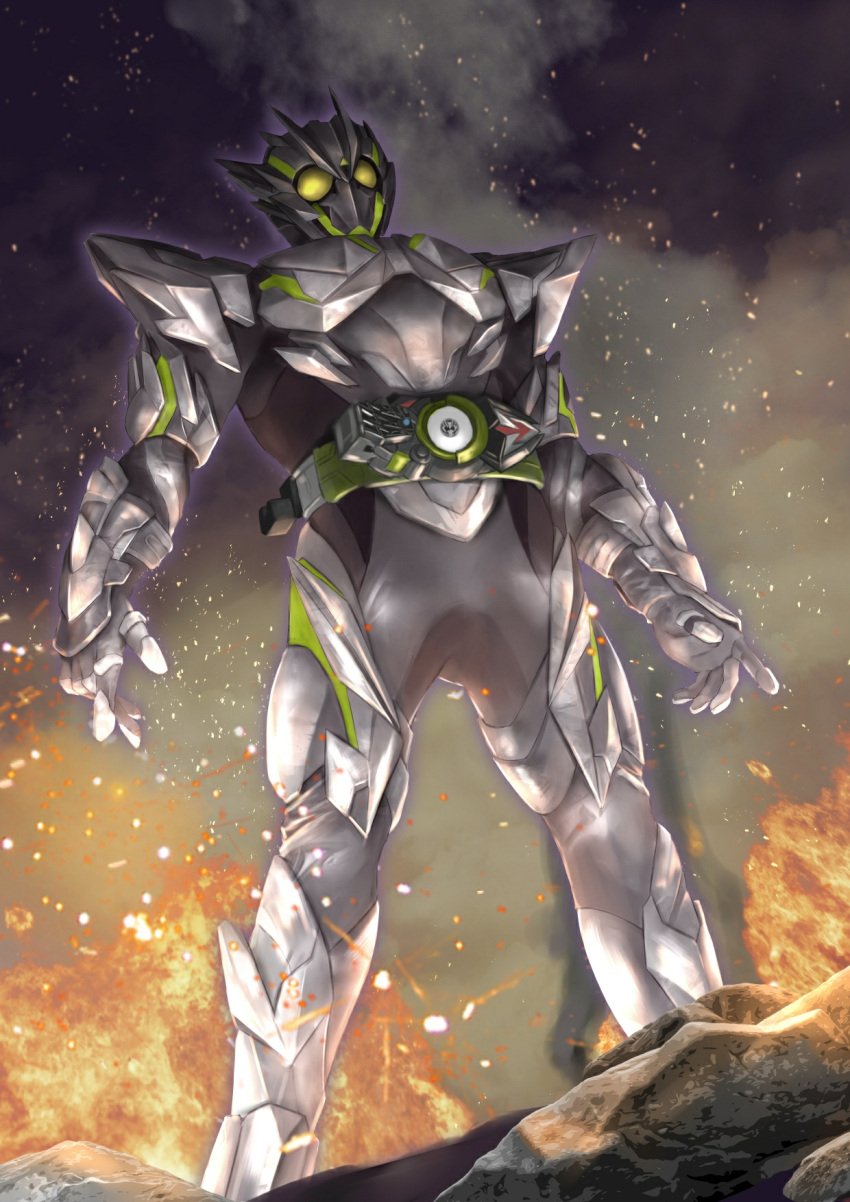 1boy after_battle armor armored_boots armored_gloves boots bug driver_(kamen_rider) fire from_below grasshopper green_eyes head_tilt highres kamen_rider kamen_rider_01_(series) kamen_rider_zero-one metalcluster_hopper night night_sky open_hands progrise_key rider_belt rock silver_bodysuit sky tokusatsu tsubasansan zero_one_driver