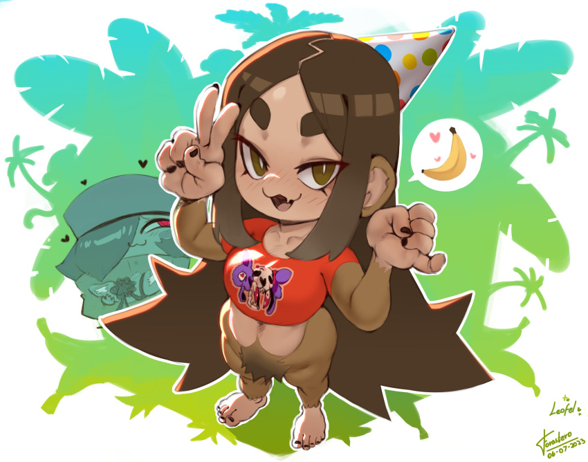 absurd_res anthro banana bottomless bottomless_anthro bottomless_female brown_body brown_eyes brown_fur brown_hair character_request clothed clothing duo fangs female food forastero forest fruit fur gesture hair hair_over_eye handjob_gesture haplorhine hat headgear headwear hi_res human jungle long_hair looking_at_viewer male mammal monkey one_eye_obstructed open_mouth party_hat plant primate shirt sidelocks smile speech_bubble standing teeth topwear tree v_sign