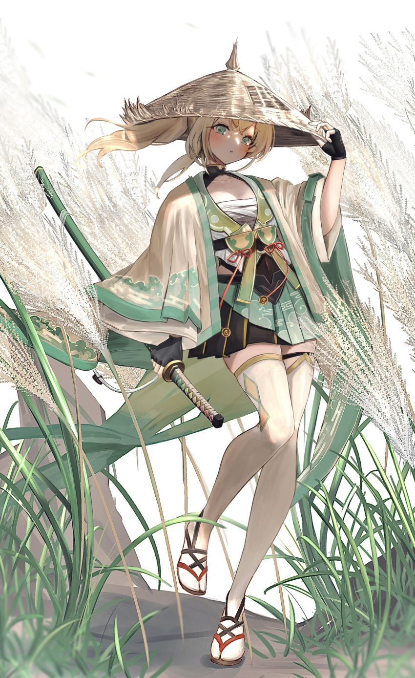 1girl absurdres black_gloves black_skirt blonde_hair blush chest_sarashi crossed_bangs day fingerless_gloves gloves grass green_eyes green_skirt hand_on_headwear haori hat highres hololive japanese_clothes katana kazama_iroha kazama_iroha_(1st_costume) long_sleeves looking_at_viewer maison_de_cante outdoors parted_lips pleated_skirt ponytail sandals sarashi sheath sheathed skirt solo standing standing_on_one_leg straw_hat sword thighhighs two-tone_skirt virtual_youtuber weapon wheat_field white_thighhighs wide_sleeves
