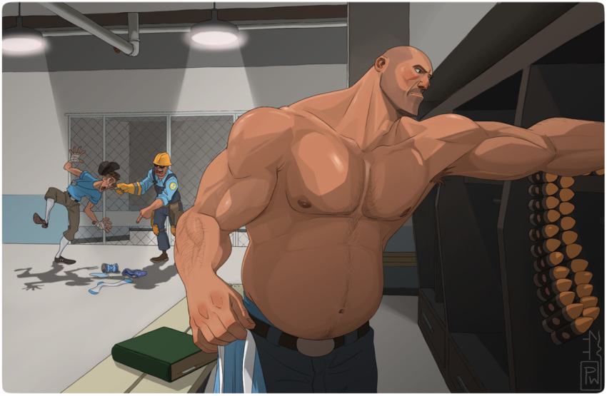 3boys bara beard_stubble belly buzz_cut character_request feet_out_of_frame from_side heavy_(tf2) large_pectorals looking_ahead male_focus mature_male multiple_boys muscular muscular_male mustache_stubble navel navel_hair nipples pants pectorals profile protowilson short_hair solo_focus sparse_chest_hair stomach team_fortress_2 thick_eyebrows topless_male very_short_hair
